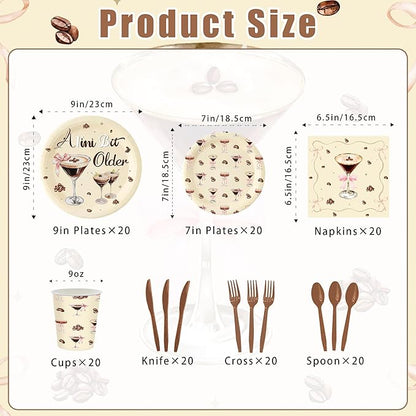 140 Pcs a Tini Bit Older Birthday Party Supplies Bow Decorations Espresso Martini Paper Plates Napkins Cups Knives Forks and Spoons ，Dinnerware for Birthday Wedding Decoration Serves 20
