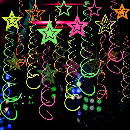 54 Pieces UV Hanging Swirl Paper Star Garlands Neon Streamers Glow Party Supplies and Decorations Black Light UV Reactive for Dark Glow Wedding Birthday Party Favors