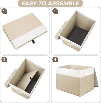 Large 22 Quart Linen Fabric Foldable Storage Bin Cube Organizer Basket with Flip-Top Lid & Handles, Clothes Blanket Box for Home, Office, Closet, Beige & White, 4 Pack 14.6 x 9.5 x 9.5”