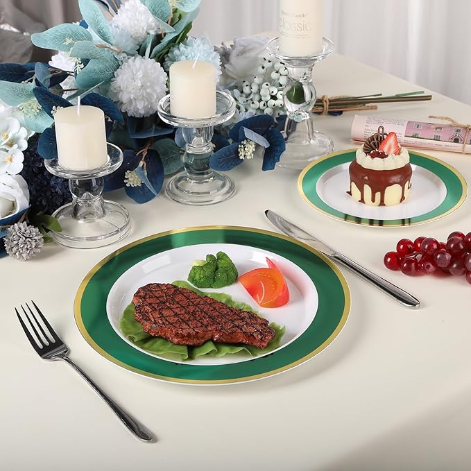 100Pack Plastic Plates Disposable Heavy Duty for Christmas Include 50PCS 10.25inch Dinner and 50PCS 7.5inch Dessert Plastic Plates for Party Wedding Birthday New Year,Green