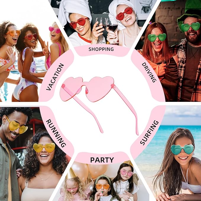 12/20/24 Pairs Heart Sunglasses for Women Men, Trendy Heart Shaped Rimless Transparent Sunglasses, Bachelorette Party