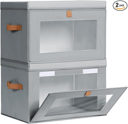 Large Closet Storage Organizer - Clothes Storage Bins with Handles & Window, Collapsible Decorative Boxes with Lids, Fabric Containers for Living Room, Dorm, 2 Pack, Grey
