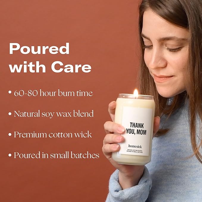 Homesick Thank You Mom Candle – 13.75 oz Scented Candle in Sage Sandalwood Soy Wax Blend, Non-Toxic, 80 Hr Burn with Organic Cotton Wick, Reusable Jar – Best Wedding & Engagement Gifts for Couples