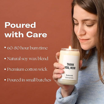 Homesick Thank You Mom Candle – 13.75 oz Scented Candle in Sage Sandalwood Soy Wax Blend, Non-Toxic, 80 Hr Burn with Organic Cotton Wick, Reusable Jar – Best Wedding & Engagement Gifts for Couples