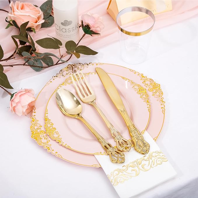 YOUBET 700PCS Pink Plastic Plates - Pink and Gold Plates - Luxury Pinks Plastic Dinnerware Set Include 200 Pinks Disposable Plates, 300 Heavy Duty Silverware, 100 Cups, 100 Napkins for Wedding & Party