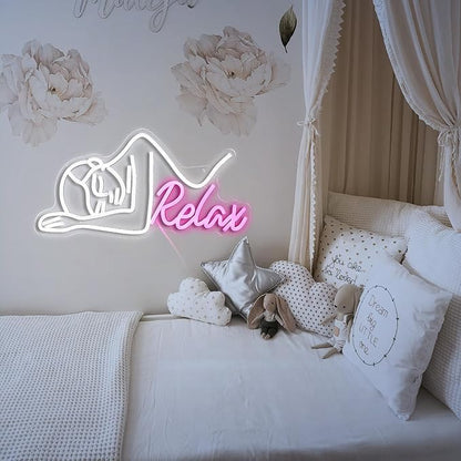 Dimmable Relax Neon Sign Led Woman Relax Neon Light for Wall Decor White Pink Lady Body Neon Wall Light Up Sign for Beauty Salon Massage Shop Ladies Room Decor Gifts for girls (16.7‘’*8.7‘’USB）