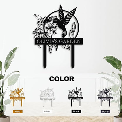Personalized Garden Sign with Hummingbird & Flower Design – Custom Metal Yard Stake, Outdoor Lawn Name Plaque, Weatherproof Garden Decor, Gift for Gardeners & Housewarming