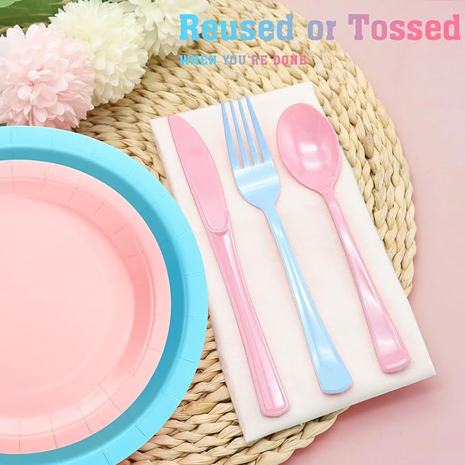 150 Pcs Pink and Blue Silverware Heavy Duty Pink and Blue Plastic Cutlery - 50 Plastic Forks, 50 Knives, 50 Spoons for Birthday, Baby Shower, Gender Reveal