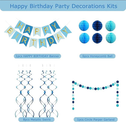 Blue Birthday Decorations with Happy Birthday Banner, Paper Honeycomb Balls, Circle Garland and Hanging Swirl Decorations, Birthday Party Decorations