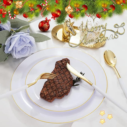 I00000 144Pcs Gold Plastic Silverware, Gold Plastic Utensils Set,Disposable Utensils Heavy Duty,Disposable Silverware Set Includes 48 Forks,48 Knives,48 Spoons for Party & Thanksgiving