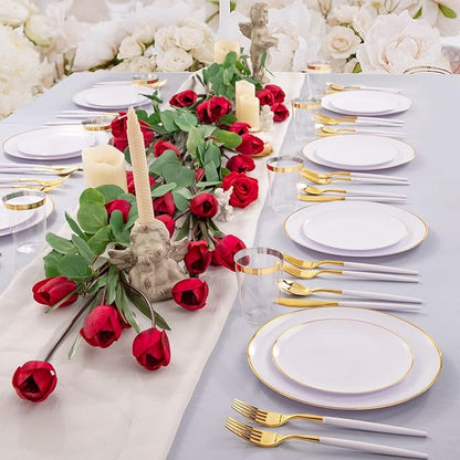 LIYH 180 Pcs White and Gold Plastic Plates Disposable - Dinnerware Set, Gold Plastic Silverware, Disposable Heavyduty Plates for Parties, Birthdays, Wedding 30Guests