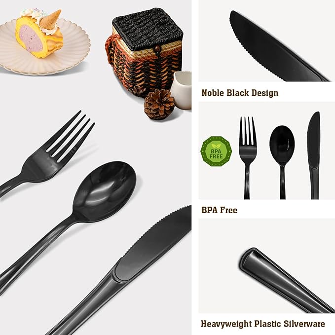 150 Pack Black Plastic Silverware Includes 50 Black Plastic Forks, 50 Knives, 50 Spoons for 2025 Graduation Party, Birthday, Barbecue, Picnic