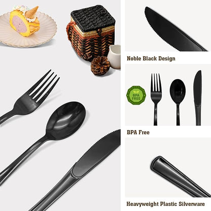 150 Pack Black Plastic Silverware Includes 50 Black Plastic Forks, 50 Knives, 50 Spoons for 2025 Graduation Party, Birthday, Barbecue, Picnic
