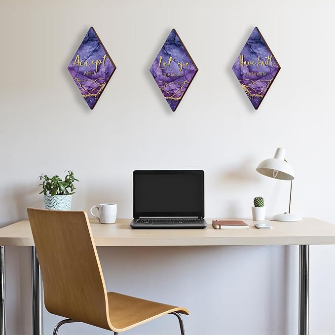 3Pcs Purple And Gold Bathroom Decor Purple Gold Wall Decor with Accept Let Go Have Faith Quote Rustic Farmhouse Wooden Hanging Signs for Women Home Living Room Bedroom(Purple Gold 12x7)