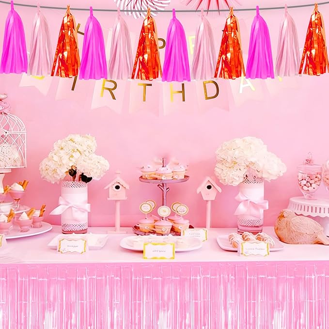 3P Hot Pink Orange LightPink Tassel Banner Garland Foil Fringe Tinsel Streamer Banner Backdrop for Parade Floats, Wall Hanging Curtain Parade Floats, Graduation Decorations, Wedding Party Decoration