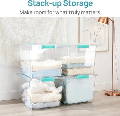 Vtopmart 2 Pack 72 QT Crystal Clear Storage Bins with Lids, 4 Pack Stackable Plastic Large Latching Boxes Totes Tubs Container for Closet Organizers and Storage, Bedroom, Clothes, Bedding