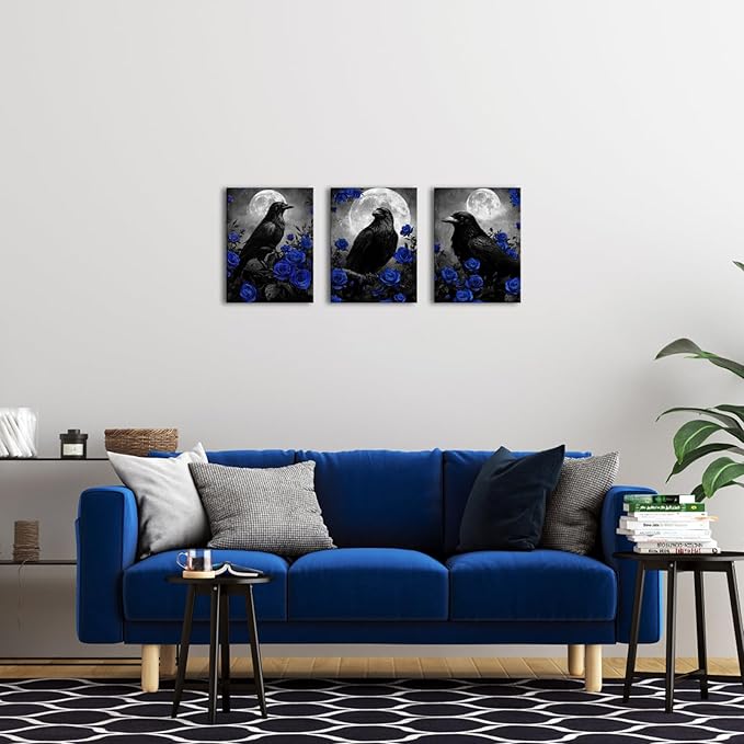 LevvArts Crow Canvas Wall Art Gothic Crow with Rose Painting Spooky Pictures Bathroom Bedroom Wall Decor (Blue)