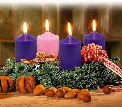 Set of 4 2x3 Inch Advent Pillar Candles, Dripless Unscented Purple and Pink Candles for Christmas Advent Holiday Season - 24 Hours Burn Time
