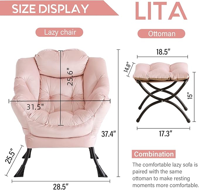 LITA Lazy Chair with Ottoman, Modern Accent Leisure Upholstered Sofa Chair, Contemporary Lounge Reading Chairs with Armrests and a Side Pocket for Living Room, Bedroom & Small Space, Pink