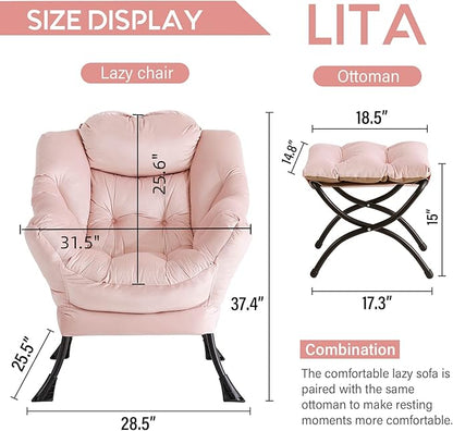LITA Lazy Chair with Ottoman, Modern Accent Leisure Upholstered Sofa Chair, Contemporary Lounge Reading Chairs with Armrests and a Side Pocket for Living Room, Bedroom & Small Space, Pink