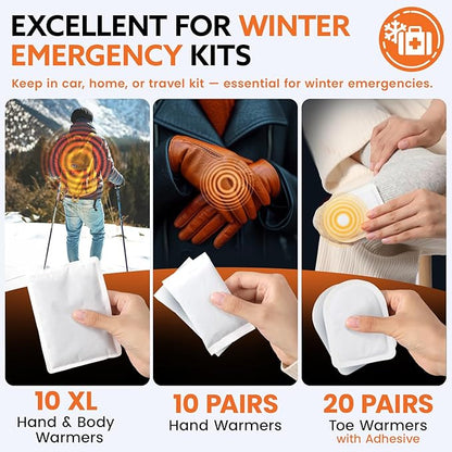 Hand Warmers Variety Set - 70 Count Ultimate Value Pack – 10 XL Body Warmers, 10 Pairs Hand Warmers, 20 Pairs Toe Warmers with Adhesive – Air Activated Heat Packs for Cold Weather and Outdoors