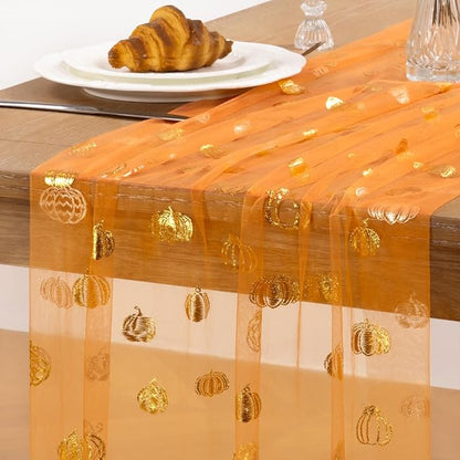 Pumpkin Gold Table Runner for Thanksgiving 3 Pack Sheer Gauze Cheesecloth 120 Inch with Glitter Harvest Feast Decor for Family Gatherings Dining Table Home Celebration - Orange