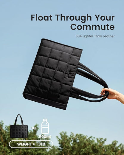 LOVEVOOK Tote Bag for Women, Puffer Work Handbag 17 Inch Laptop Purse for Nurse Teacher, Large Quilted Travel Tote Shoulder Bag with Zipper for College Office Clinical Gym, Purple-black