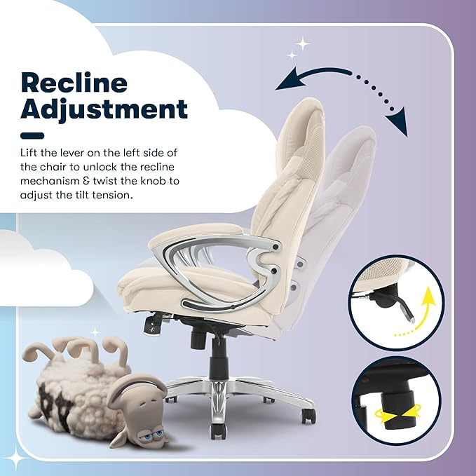 Serta Bryce Executive Office Chair - Ergonomic Computer DeskChair with Lumbar Technology - Adjustable Height - Memory Foam Body Pillows - 360° Swivel Rolling Base - Bonded Leather - Cream