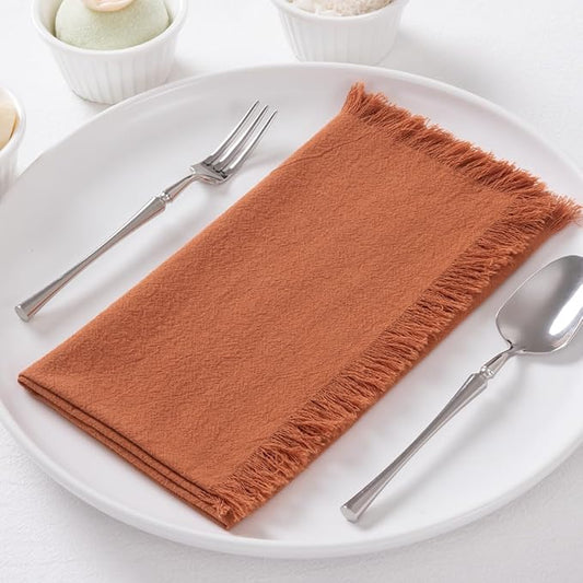 12 Pack Terracotta Cotton Linen Napkins with Fringe Christmas Cloth Napkins Set of 12 Boho Handmade Holiday Napkins Bulk for Wedding Baby Shower Parties, 17 x 17 Inches