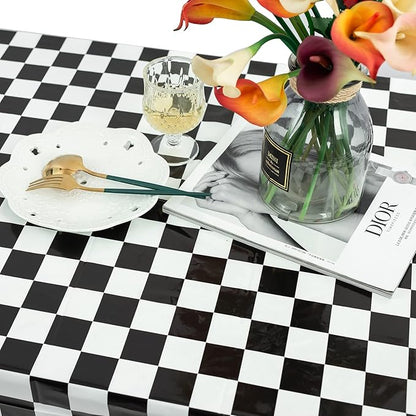 Kesfey 8 Packs Black and White Checkered Tablecovers 54 x 108 Inches Disposable Party Picnic Table Cloth Splashproof Plastic Checkered Tablecovers for Camping Decoration Party Favors