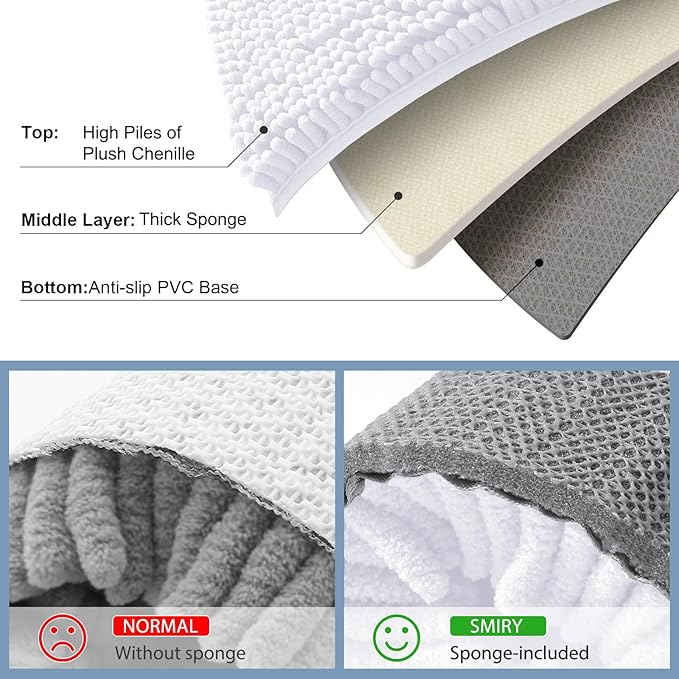 Smiry Luxury Chenille Bathroom Rugs 40x24, Extra Soft and Absorbent Shaggy Bath Mat, Machine Washable, Non-Slip Plush Carpet Runner for Tub, Shower, and Floor, Home Decor Accessories, White