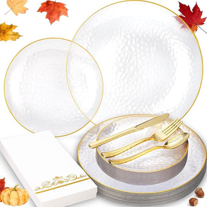 150 Pcs Plastic Dinnerware Set Disposable for 25 Guests - Clear Plates with Gold Trim, Fancy Plastic Plates for Party Wedding Birthday Christmas