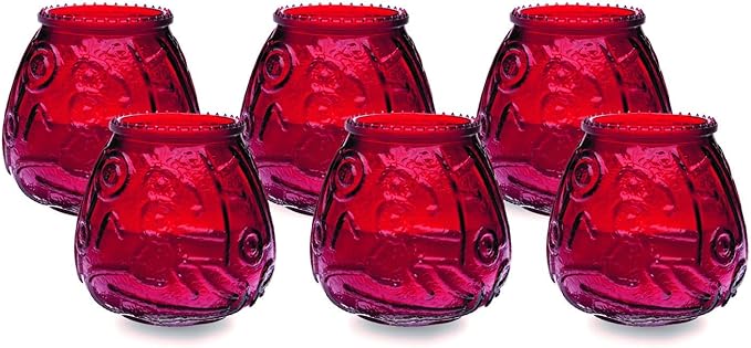 Sterno Euro-Venetian Wax Candles - Decorative Candle Set with Colorful Glass Holder - Burns Up to 45 Hours, Pack of 6 - Red