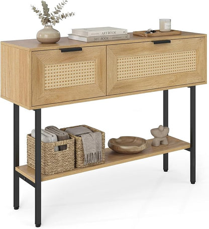 Giantex Rattan Console Table with Storage, 40" Boho Entryway Table w/ 2 Flip Door Cabinets & Shelf, Metal Frame, 2 Anti-Tipping Kits, Narrow Long Behind Couch Sofa Table for Entrance Hallway, Natural