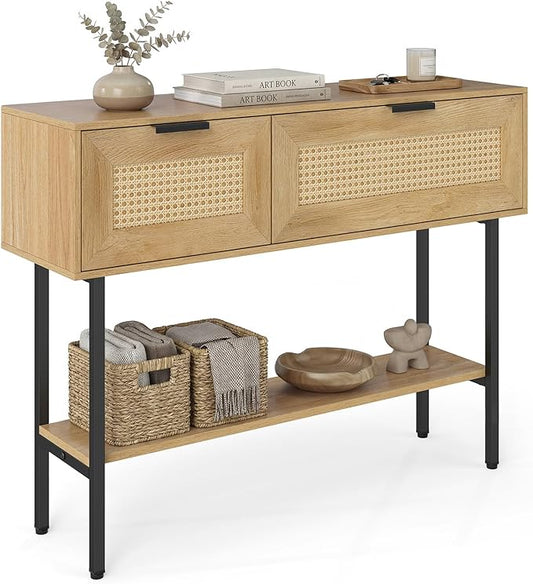 Giantex Rattan Console Table with Storage, 40" Boho Entryway Table w/ 2 Flip Door Cabinets & Shelf, Metal Frame, 2 Anti-Tipping Kits, Narrow Long Behind Couch Sofa Table for Entrance Hallway, Natural