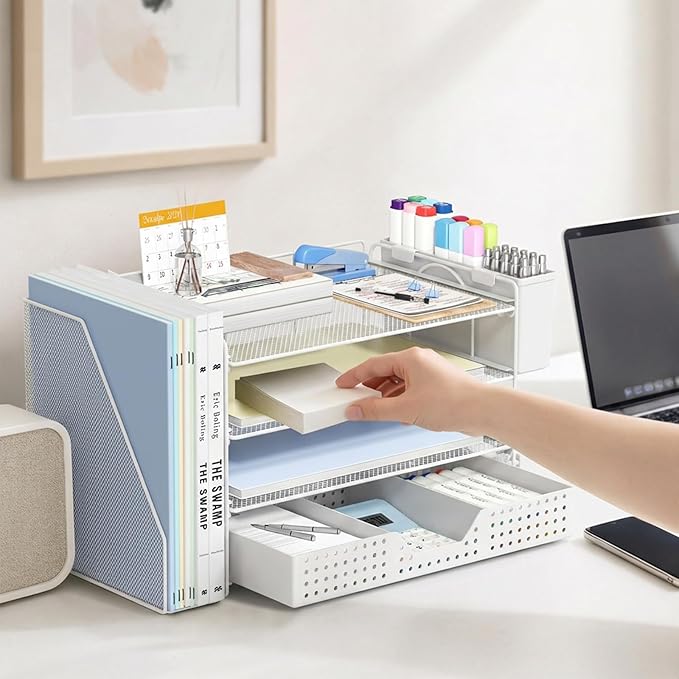 Desk Organizer, 4-Tier Paper Organizer Letter Tray with File Holder, Drawer and 2 Pen Holders, Desktop File Organizer for Office Supplies, Workspace Storage, White