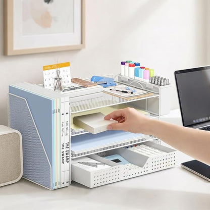 Desk Organizer, 4-Tier Paper Organizer Letter Tray with File Holder, Drawer and 2 Pen Holders, Desktop File Organizer for Office Supplies, Workspace Storage, White