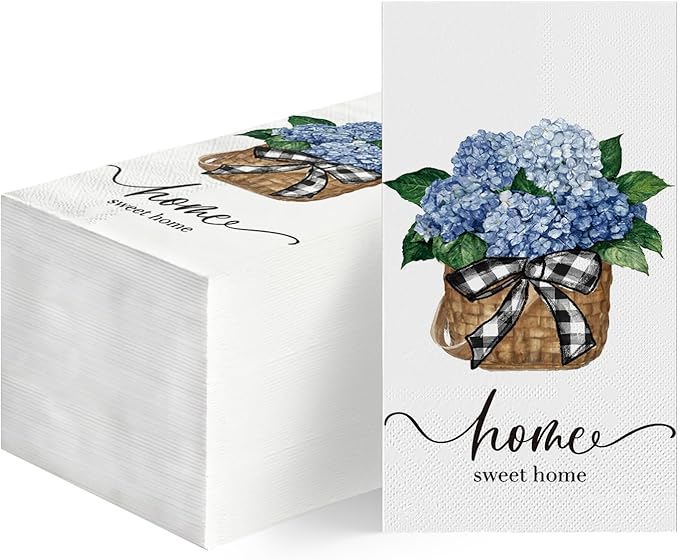 Horaldaily 100 Disposable Paper Decorative Guest Napkins, Blue Hydrangea Bouquet Sweet Home Hand Towel for Party Lunch Dinner Kitchen Bathroom