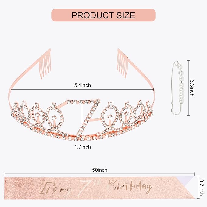 CIEHER 7th Birthday Crown + Sash + Pearl Pin Set, Girls' 7th Birthday Gifts and Happy Party Decorations