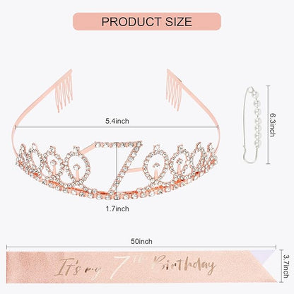CIEHER 7th Birthday Crown + Sash + Pearl Pin Set, Girls' 7th Birthday Gifts and Happy Party Decorations