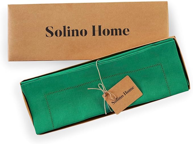 Solino Home Linen Cloth Placemats Set of 4-100% Pure Linen Hemstitch Emerald Green Placemats 14 x 19 Inch - Classic Hemstitch Table Place Mats for Christmas, New Year