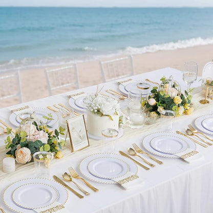 LIYH 350 Pcs White and Gold Plastic Plates - Elegant Disposable Gold Plastic Dinnerware set Include Dinner & Dessert Plates Cups Napkins for Birthday Party Wedding 50 Guests