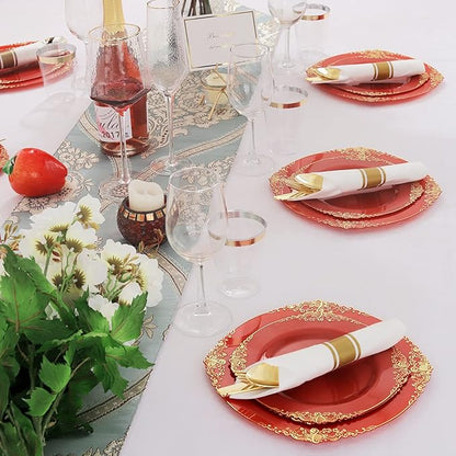 Liacere 30 PCS Gold Plastic Silverware with Pre Rolled Napkins - Gold Plastic Cutlery Premium Gold Plastic Utensils with Red Handle Includes 10Forks 10Knives 10Spoons 10Napkins for Christmas Day