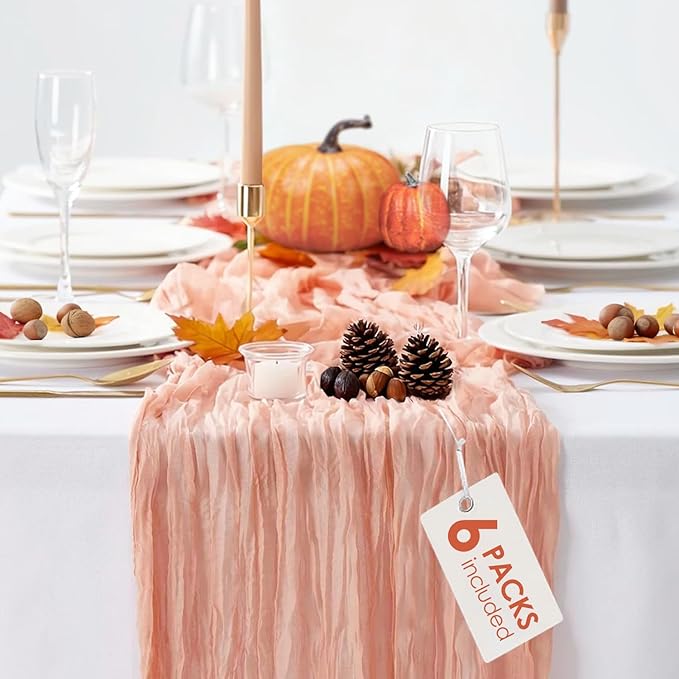 6 Pack Coral Peach Pink Cheesecloth Table Runner 10FT Boho Gauze Cheese Cloth Table Runner for Wedding Party Baby Shower Birthday Fall Thanksgiving Holiday Home Decor