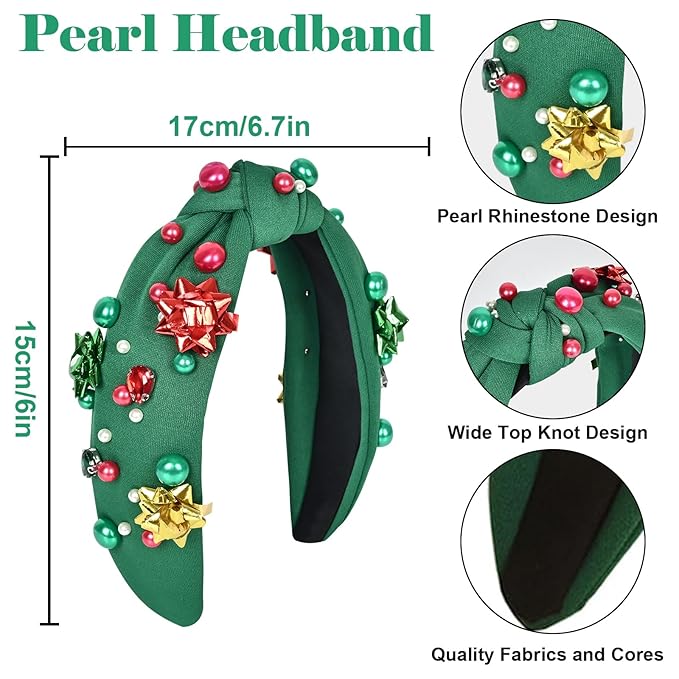 Christmas Headband for Women & Bride with Flower, Pearl & Crystal - Knotted Hairband, Top Knot Headpiece for Ugly Christmas Sweater, Holiday Party Costume, Dresses & Tops, Festive Gift (Green