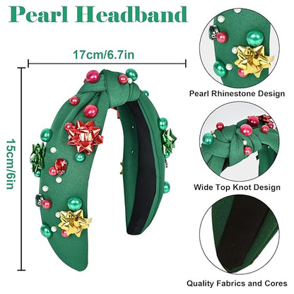 Christmas Headband for Women & Bride with Flower, Pearl & Crystal - Knotted Hairband, Top Knot Headpiece for Ugly Christmas Sweater, Holiday Party Costume, Dresses & Tops, Festive Gift (Green