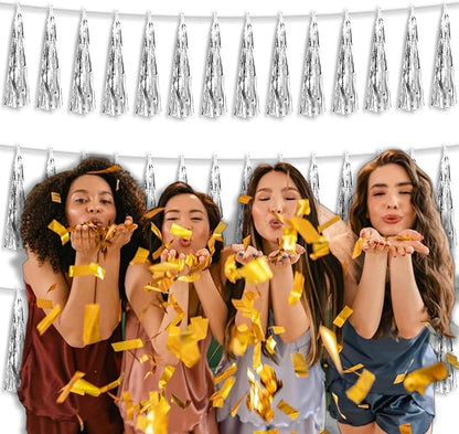 3P Metallic Fringe Tassel Banner Garland Foil Tinsel Streamer Wall Hanging Curtain Backdrop Banners for Parade Floats,Graduation Decorations, Christmas, Wedding Party Decoration(Silver)