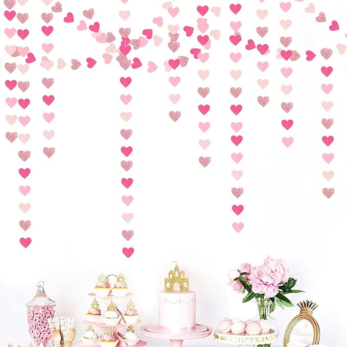 Hot-Pink Rose-Gold Party Decorations Heart-Garland - 52ft Wedding Bridal Shower Hanging Decoration Streamers Banner,Baby Girl Birthday Bachelorette Engagement Mohters Decor Panduola