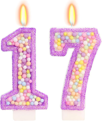 Purple Birthday Candles - Number 17 Candle, Colorful Macaron Candles, 17 Birthday Decorations for Girls, Purple Cake Decorations, Theme Party Supplies