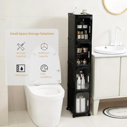 4-Tier Tall Narrow Storage Cabinet with Adjustable Shelves and Movable Wheels, Slim, Bathroom Storage and Organizers for Small Space, Bathroom, Kitchen, Laundry, Black